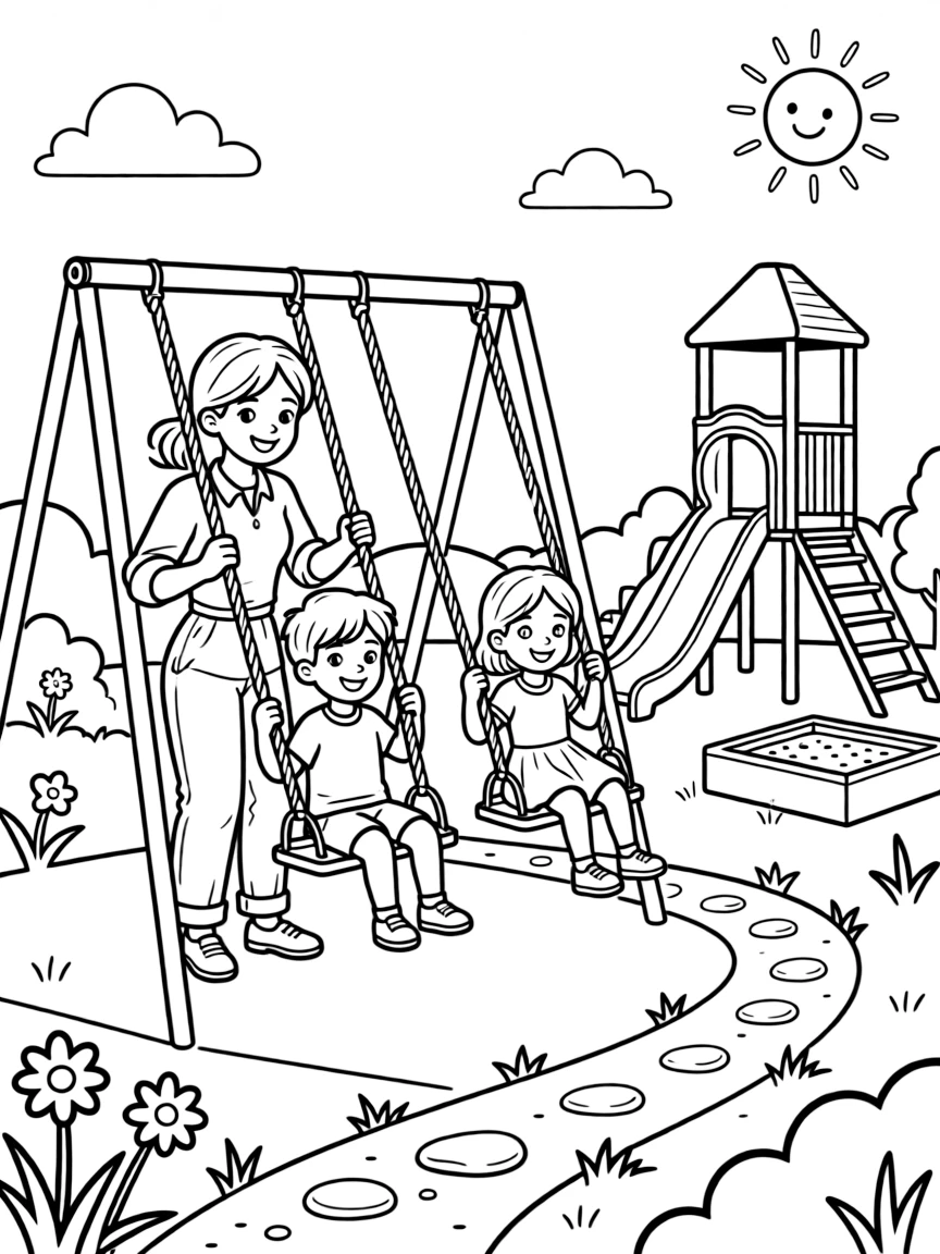 A daycare worker pushes children on swings at a sunny playground.