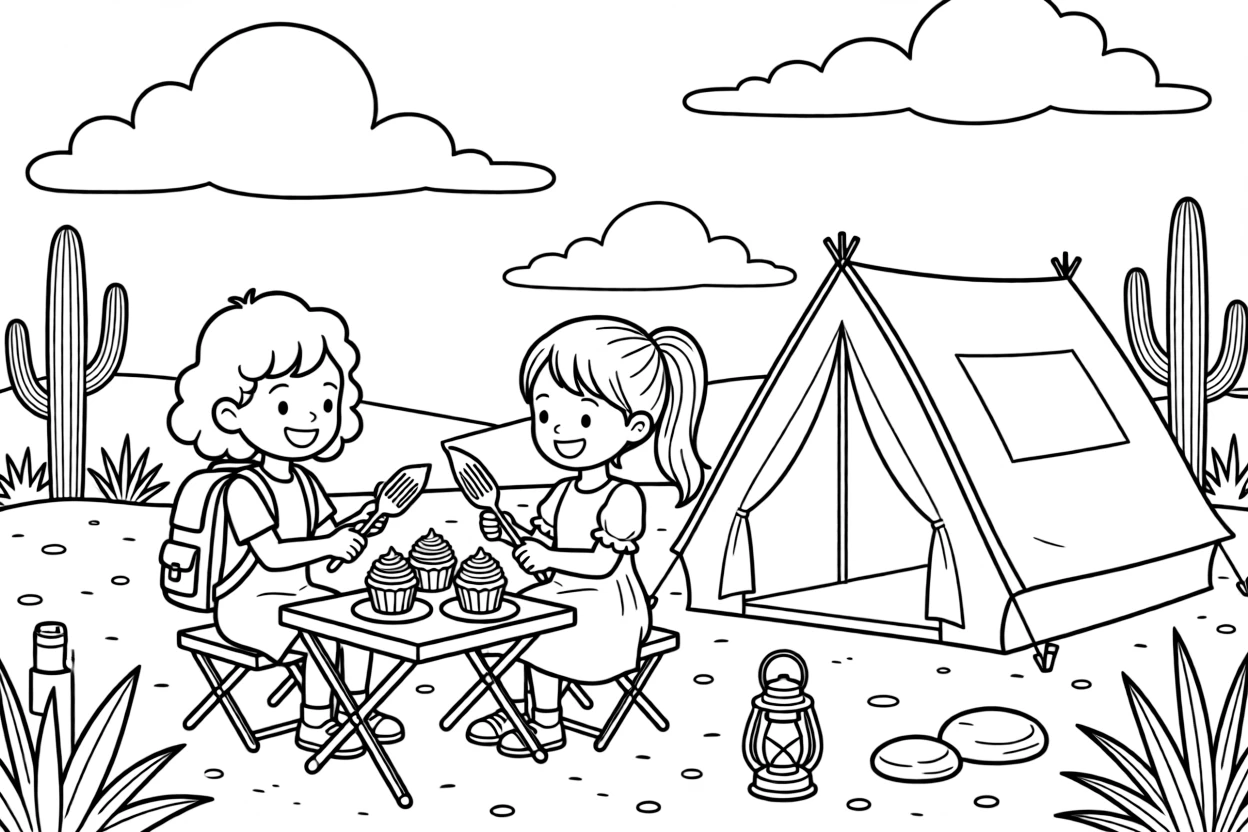 A girl with a backpack decorating cupcakes with a cousin the same age at a desert campsite while fluffy clouds drift by.