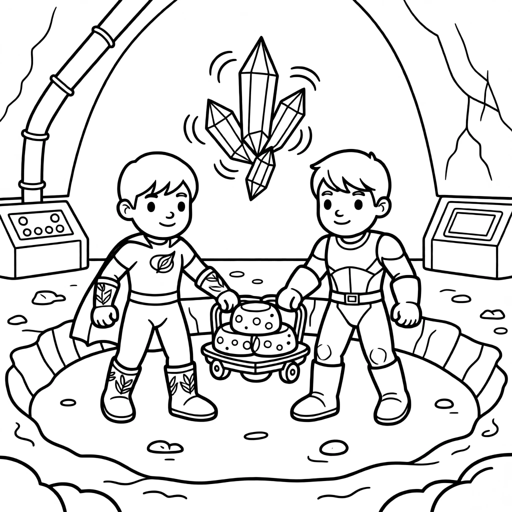 In a secret underground base hidden beneath a volcano, twin superhero siblings Meteor (plant-controlling) and Sable (super-strong) escorting a shipment of moon cheese across a crater field, while a cluster of floating crystals humming softly adds to the excitement.