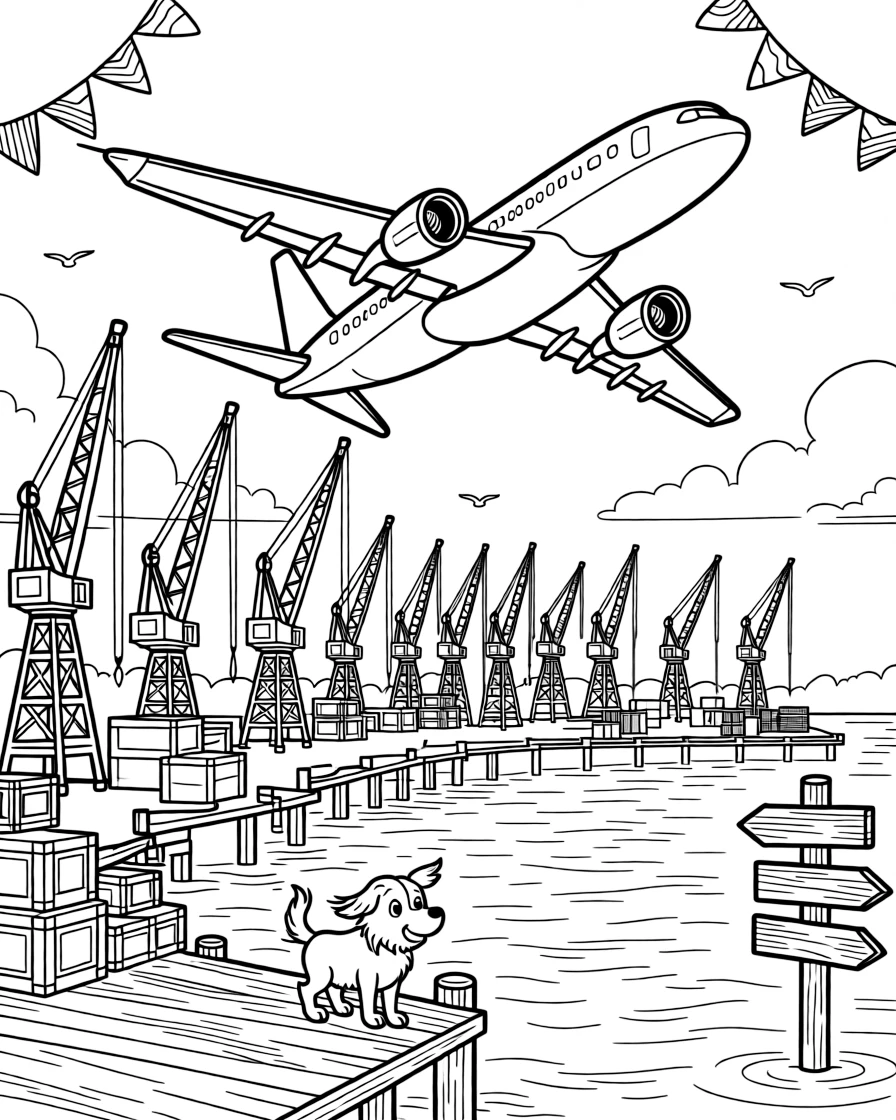 A coloring page featuring a big jet airliner climbing away from a runway, traveling through a busy harbor lined with docks, cranes, and stacked crates, with a friendly dog with its ears flapping in the wind and colorful flags fluttering from every corner and an old wooden signpost pointing to faraway towns filling the scene.