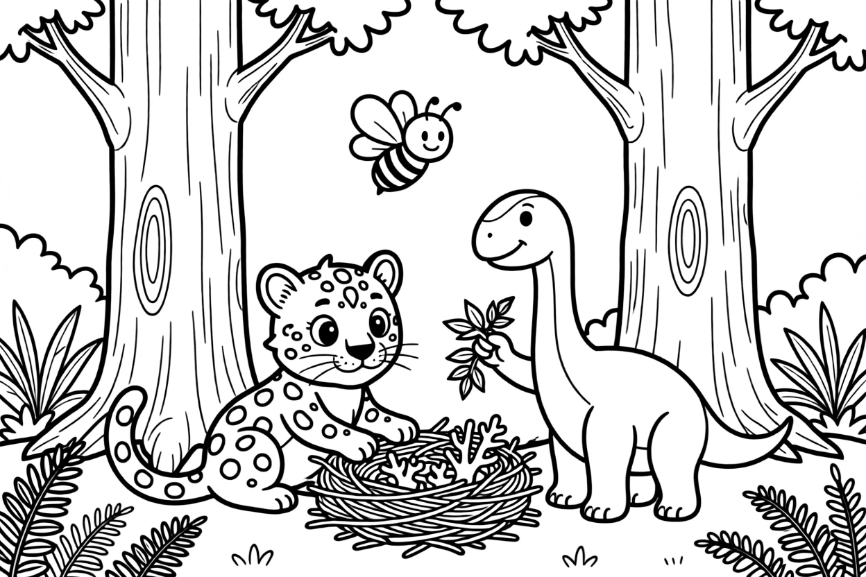 A snow leopard cub in a coral reef, building a tiny nest together with a brachiosaurus, next to a giant redwood tree, while a friendly bee buzzes past.