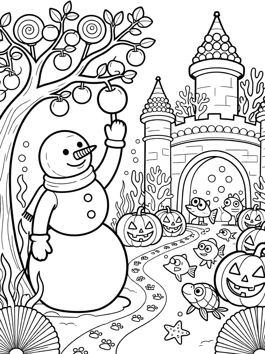 A starry-eyed gentle giant snowman is picking apples from a tree that grows lollipops in an underwater castle built from coral and pearls, joined by a row of jack-o'-lanterns grinning in the dark and a trail of paw prints leading into the distance. Every creature nearby wants to join in the fun.