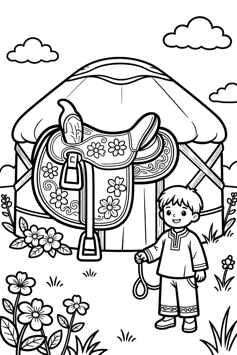 A coloring page highlighting a beloved cultural symbol from Kazakhstan: a decorated horse saddle hung outside a yurt, displayed proudly with small decorative flourishes around it.
