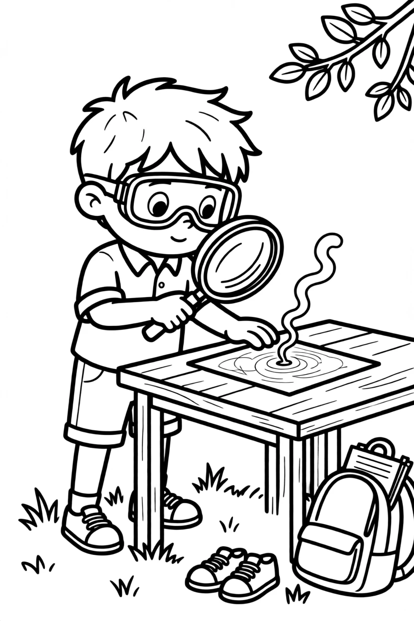 an adventurous young boy in safety goggles watches a magnifying glass focus sunlight to spark a tiny curl of smoke on paper.