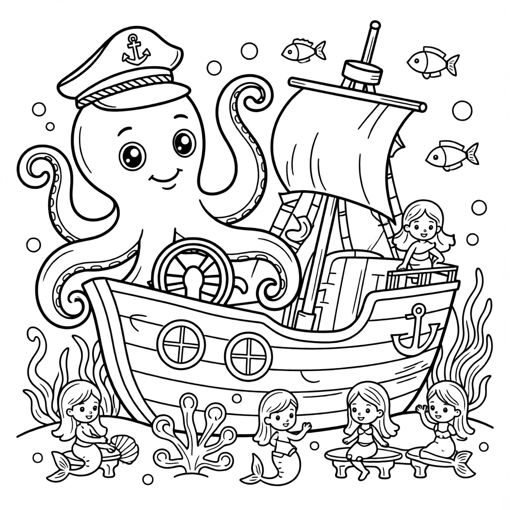A giant octopus wearing a captain's hat steers a sunken ship turned into an underwater clubhouse for merfolk children.