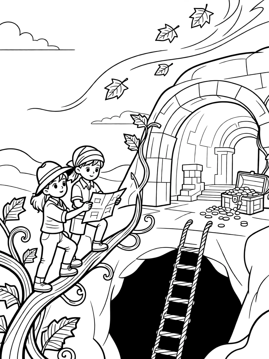 [Treasure Hunts] a treasure-hunting duo studying an old map climbing over vines to reach a lost ruin inside a torch-lit cave. In the background, golden coins spill from an open chest, adding extra fun to explore. A rope ladder dangles into the depths below. It all happens at sunset, with autumn leaves swirling in the wind.