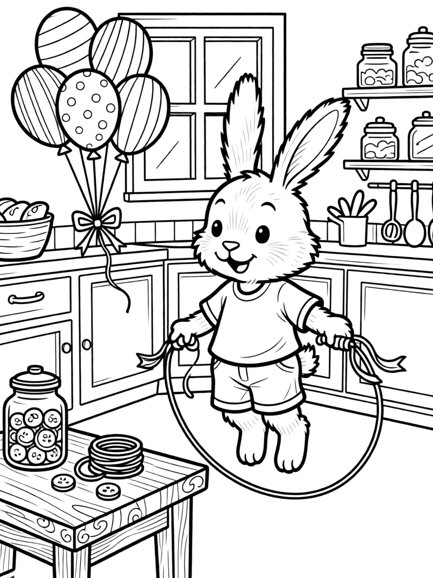 A fluffy bunny with long floppy ears is jumping rope with ribbons tied to the handles in a cozy kitchen filled with the smell of fresh bread. a jar of colorful buttons and ribbons and a cluster of bouncing balloons tied with ribbon bring the scene to life.