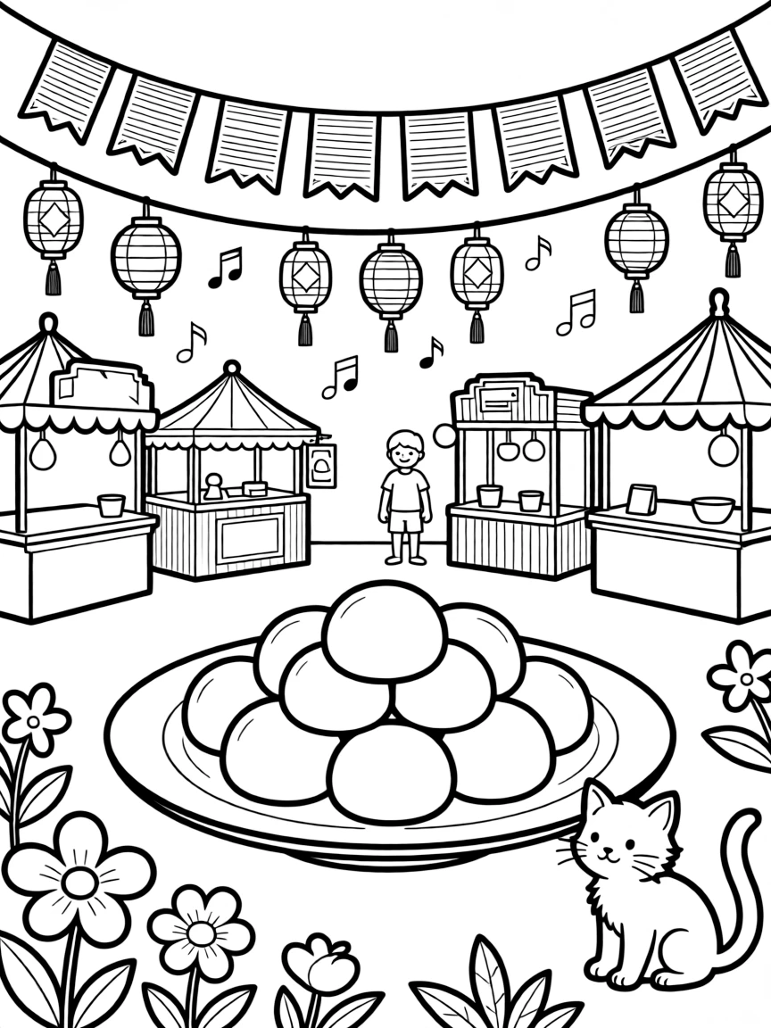 A plate of sweet dumplings offered with flowers at a fairground with games, music, and food stalls, while a curious kitten looks on nearby, strings of fluttering prayer flags and a string of colorful paper lanterns completing the scene.