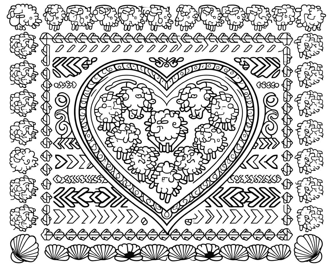 Farm Animals: The page centers on a repeating motif of a fluffy sheep with a tightly curled wool coat, built around a heart-shaped mandala framed by soft curling loops. The motif is lined up along the top and bottom edges, mirrored by a matching row along the left and right sides. Decorative details fill the surrounding space, including ribbons folded into gentle zigzags, rows of arrow-shaped chevrons, and a repeating chain of small diamonds woven throughout the background. A playful extra touch completes the page: a cluster of small seashells scattered along the bottom border.