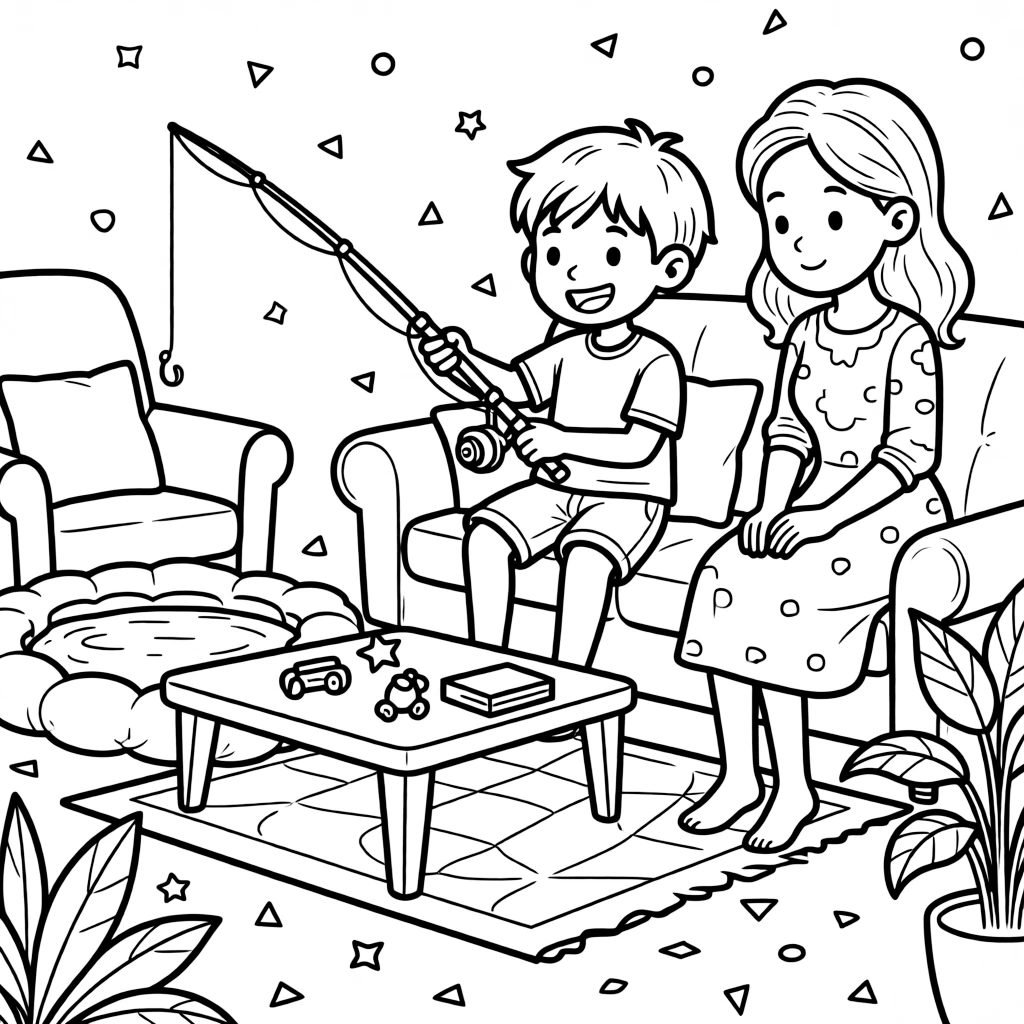 A boy with a missing front tooth fishing with a small rod with a single mom in a cozy living room with confetti scattered on the ground.
