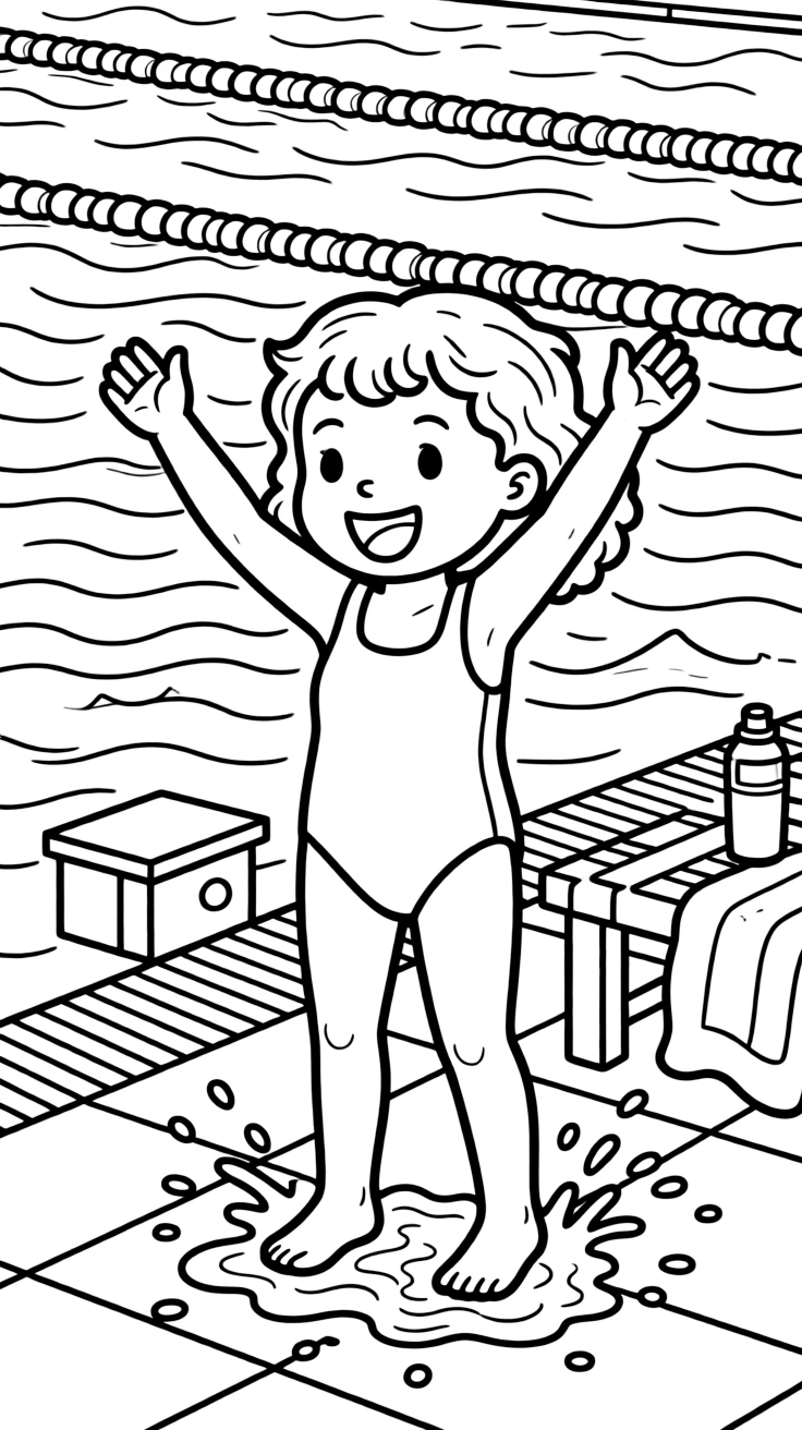 A little girl with curly hair, cheering for a teammate from the pool deck, splashing water in excitement.