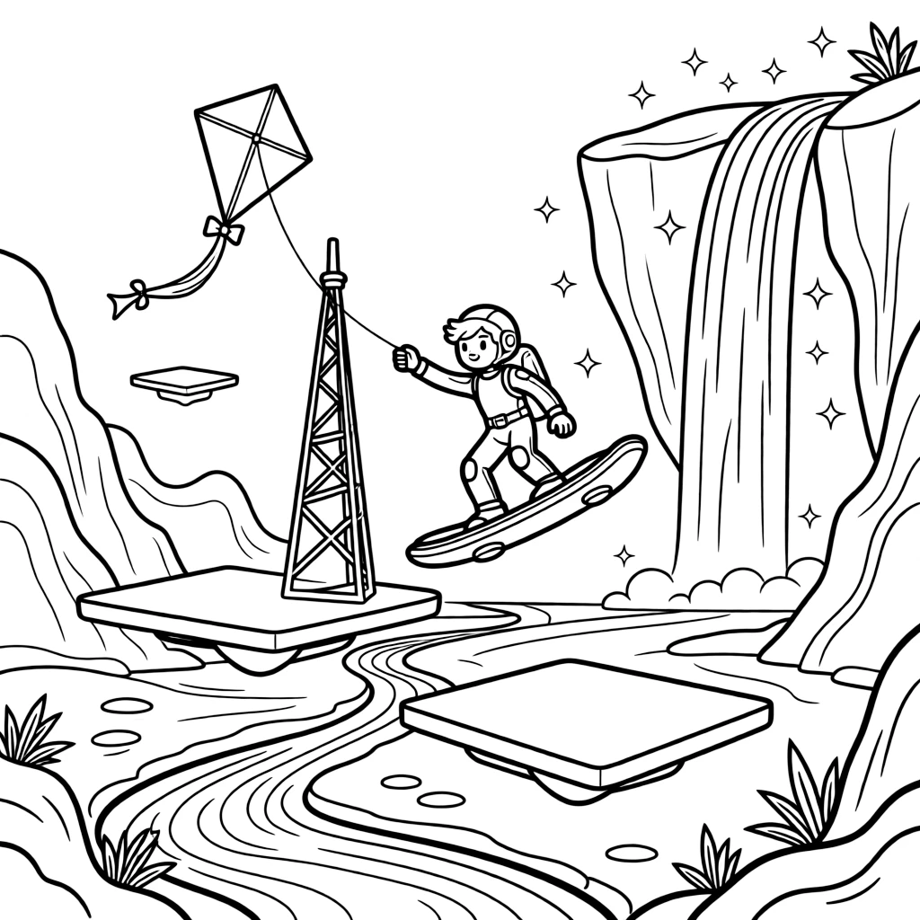 In a lava planet with rivers of glowing orange magma and floating platforms, pilot Vega zooming along on a gravity board rescuing a kite tangled in the antenna of a radio tower, while a waterfall of sparkling light cascading down a cliff adds to the excitement.