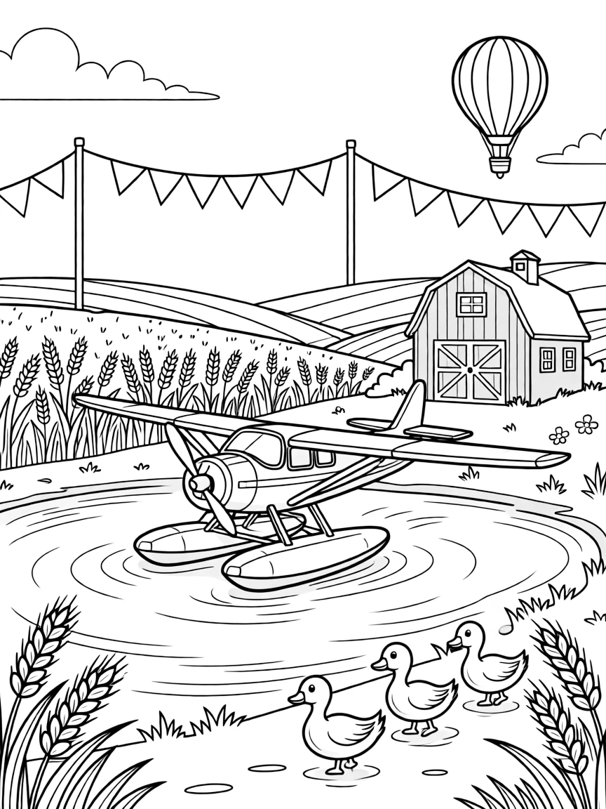 In this scene, a seaplane landing gently on a glassy lake is the star of a sunny farm with a red barn and rolling wheat fields, joined by a family of ducks waddling alongside, with a string of triangle pennant flags overhead and a hot air balloon floating in the distance scattered throughout for kids to color.