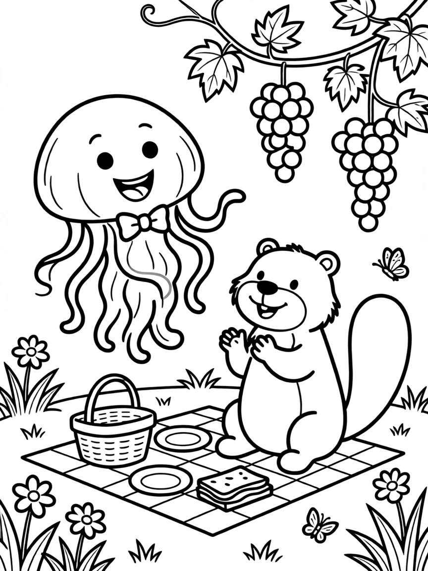 A jellyfish at a picnic in the park, singing a cheerful tune with a beaver, next to a vine of grapes.