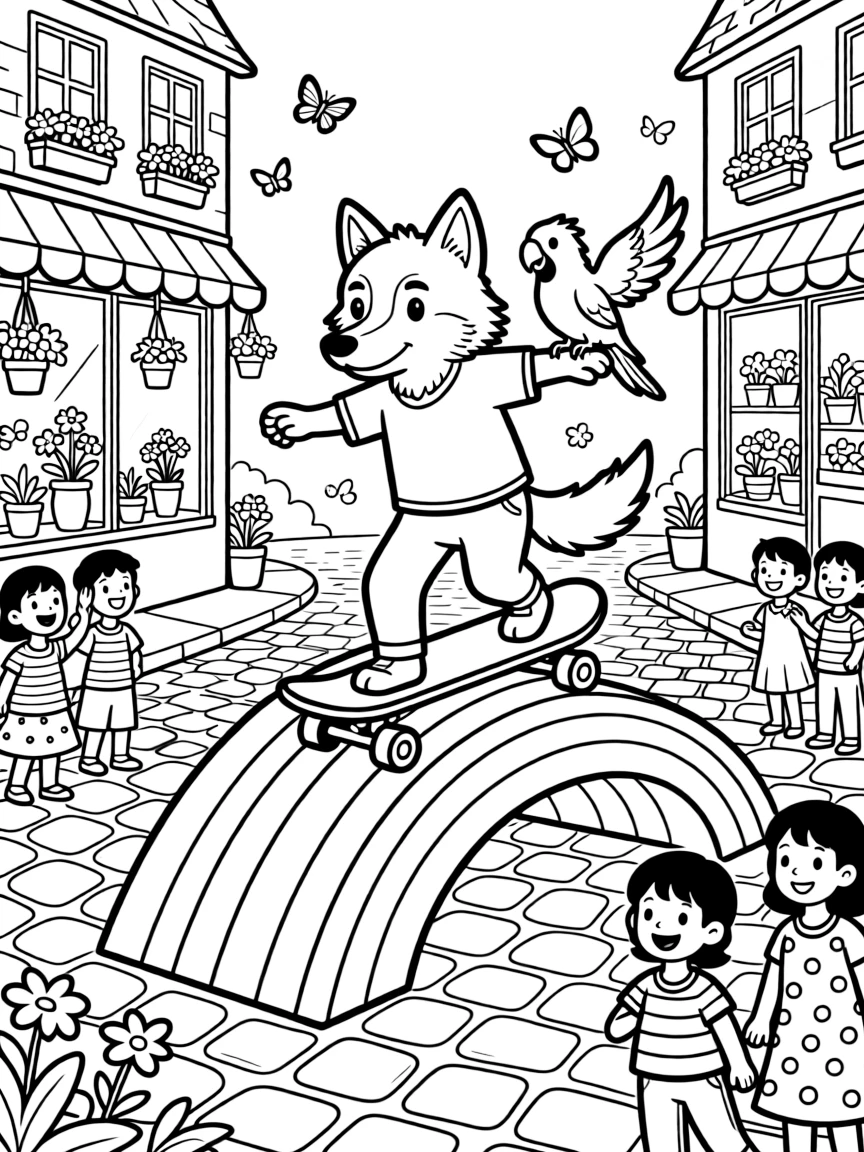 A bold wolf pup musician takes a break from adventures to try learning to skateboard down a rainbow ramp on a cobblestone street lined with flower shops, with a chatty parrot perched on one shoulder close behind. Warm smiles and happy cheers fill the scene.