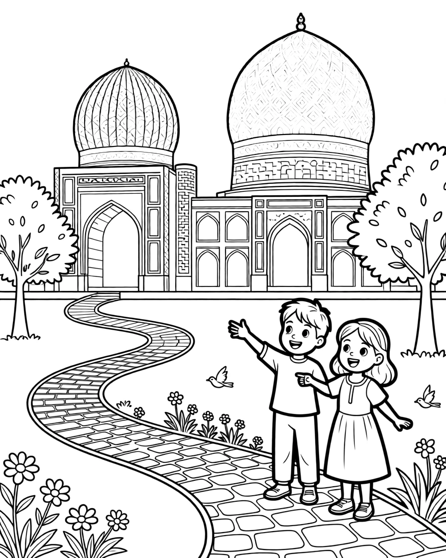 A coloring page set in Uzbekistan, showing the turquoise-tiled domes of an ancient Silk Road mosque, with a winding path leading toward it and a couple of curious children pointing excitedly.