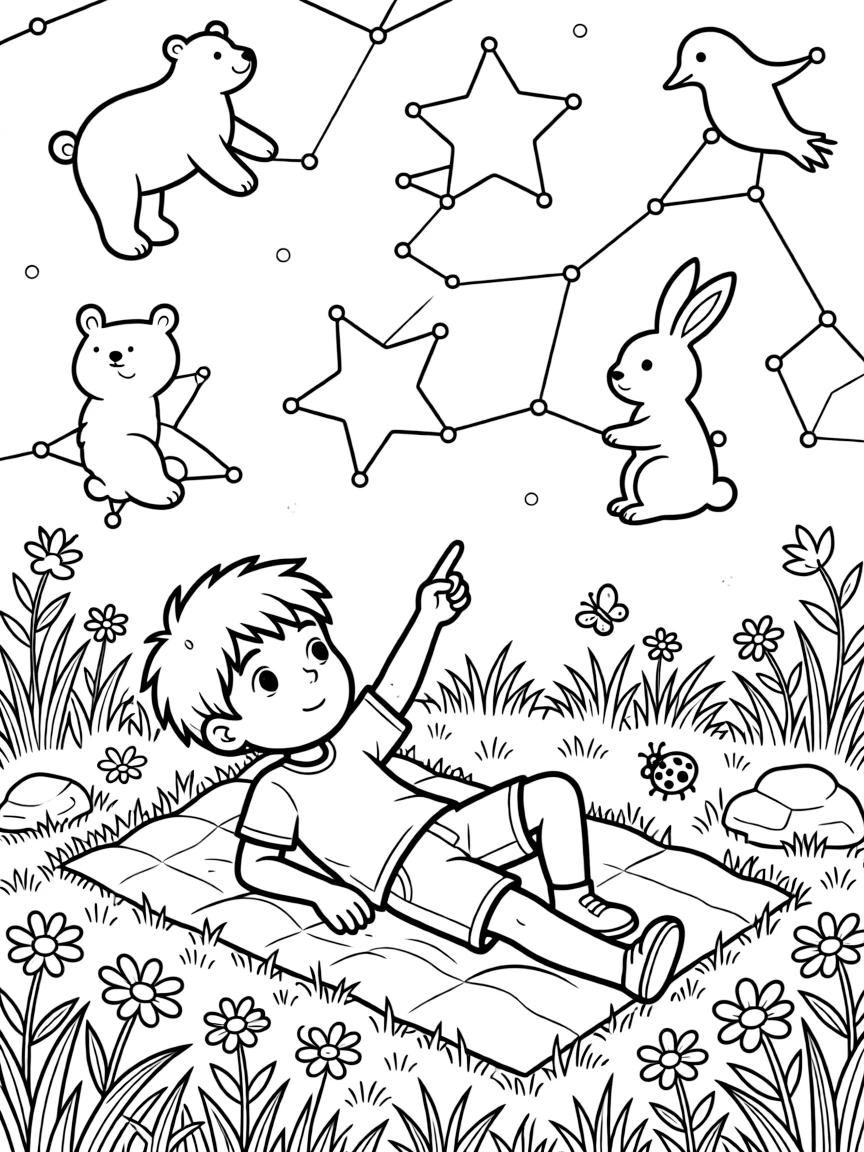 a shy young boy lies on a blanket in the grass, pointing out constellations shaped like animals.