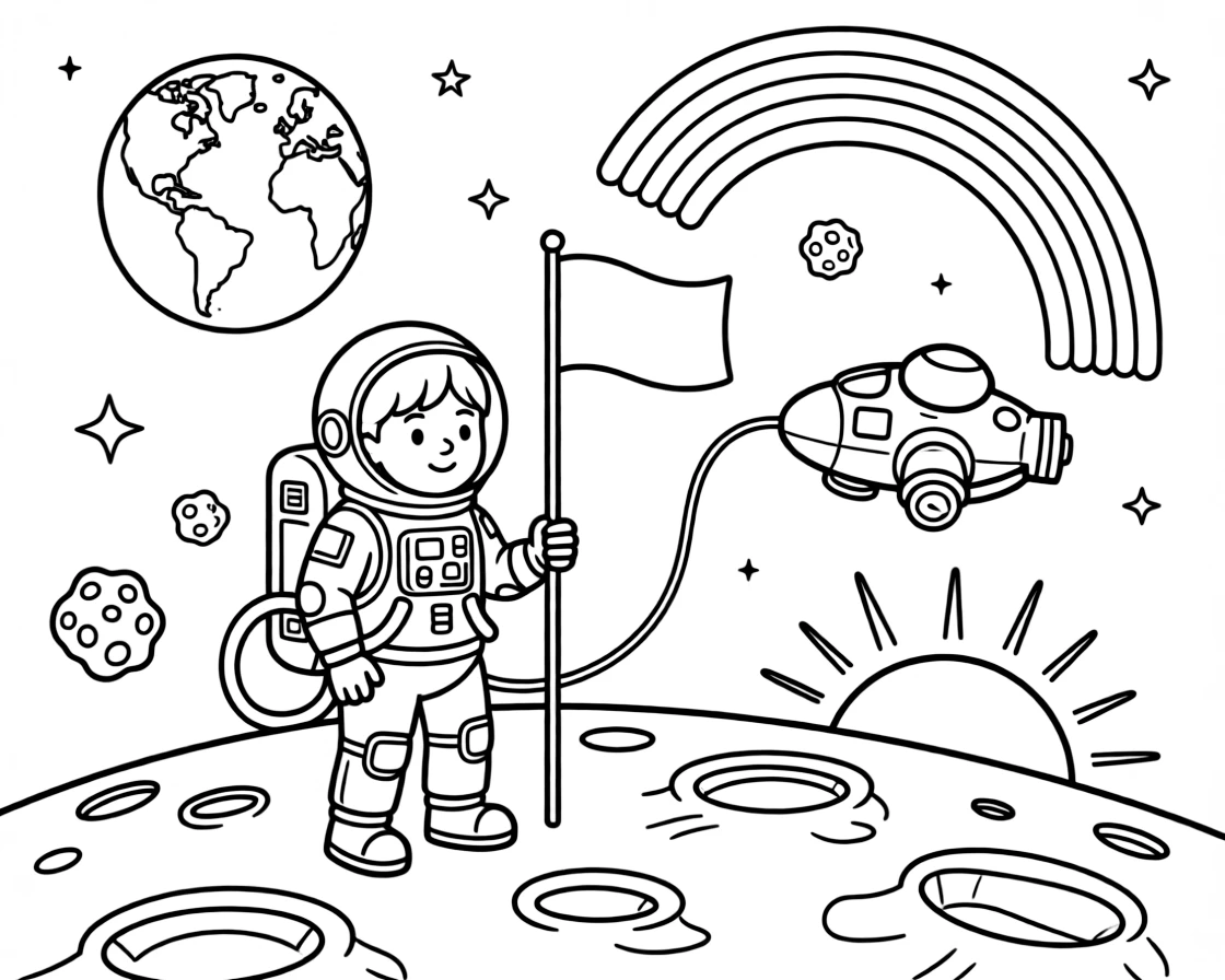 [Astronauts] A dynamic scene shows a brave astronaut planting a flag on a cratered moon among floating asteroids, gasping in amazement. Close by, earth glows blue in the distant sky. A tether line connects back to the ship. The moment unfolds at sunrise, with a rainbow arching overhead, filled with energetic detail perfect for a young colorist.