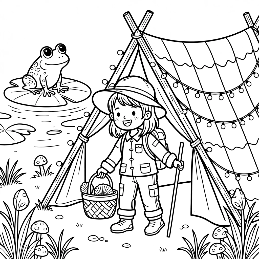 A girl hiker with a walking stick and floppy hat is gathering seashells into a woven basket inside a blanket fort glowing with fairy lights. In the background, a friendly frog perched on a lily pad and tiny mushrooms with spotted caps peeking through the grass round out the happy picture.