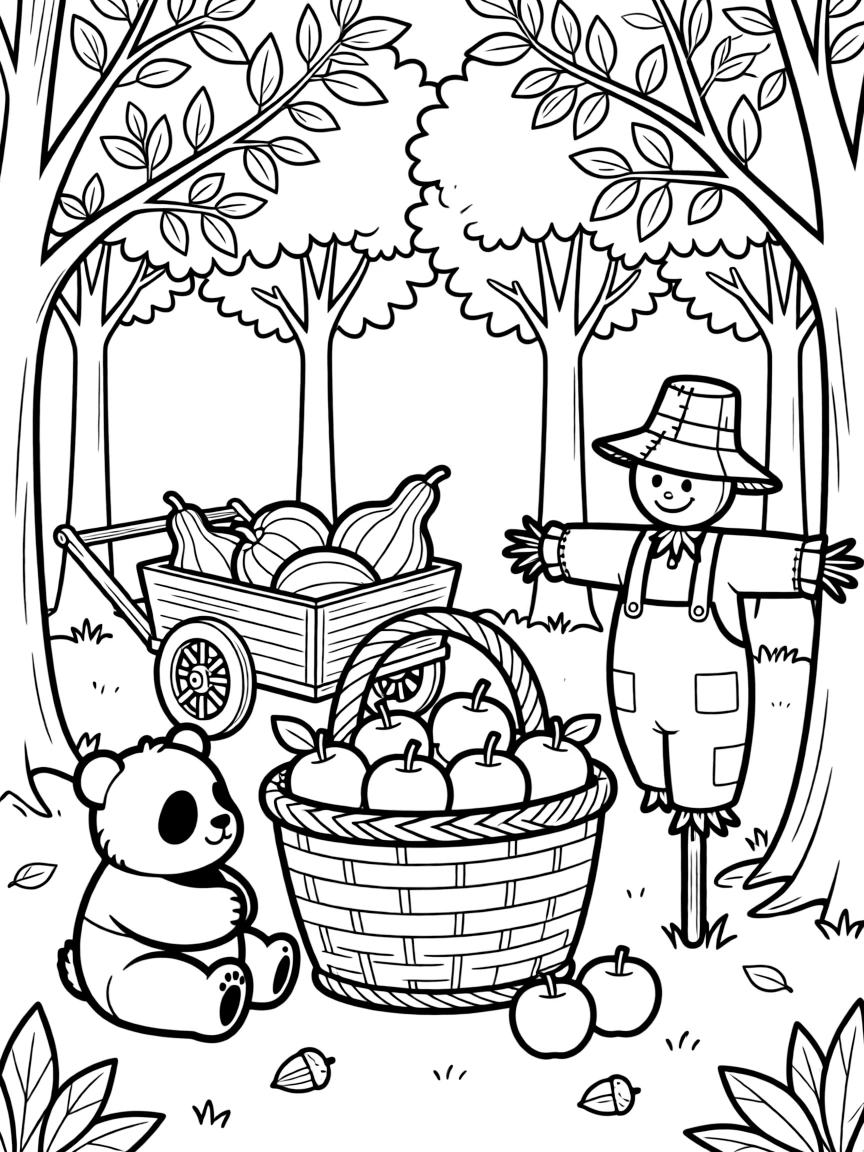 A basket overflowing with freshly picked apples in a forest clearing where the trees are turning gold, while a chubby panda cub looks on nearby, a scarecrow with a patched hat and a wagon full of gourds completing the scene.