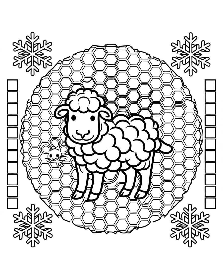 Farm Animals: The page presents a small themed scene built around a fluffy sheep with a tightly curled wool coat, tied together by a honeycomb mandala tiled from small hexagon cells. The scene is arranged in a mirrored scene, with matching elements balanced on the left and right halves of the page. Decorative details fill the surrounding space, including six-point snowflake shapes, rows of small square tiles, and a grid of lattice diamonds woven throughout the background. A playful extra touch completes the page: a curious little mouse peeking out from behind one of the shapes.