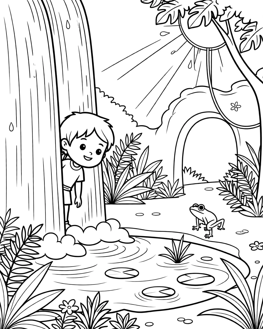 [Waterfalls] A brave young explorer stands behind a curtain of falling water, peeking out at a hidden jungle path. A tiny frog hops across lily pads floating near the edge of the misty pool. A hidden cave sits behind the curtain of falling water, its entrance framed by hanging vines. Late afternoon sun filters through the leaves, glinting off every droplet of spray.