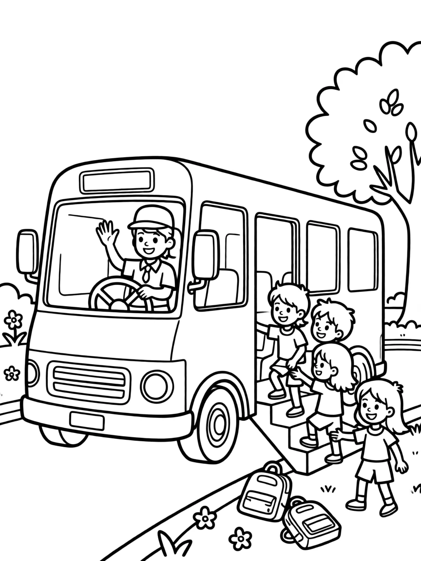 A school bus driver waves from behind the wheel as kids climb aboard.