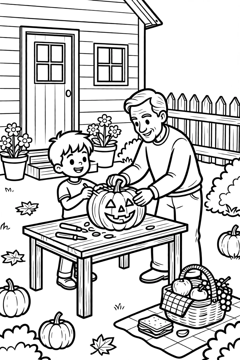 An energetic boy carving a pumpkin together with a great-grandparent at grandparents' farmhouse with a picnic basket nearby.