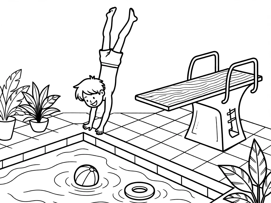 A cheerful young boy, leaping off a diving board in a graceful tuck position toward the pool below.