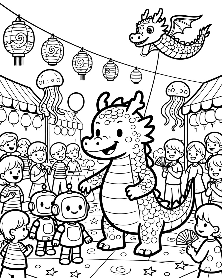 Tumble, a friendly space dragon with soft scales teaching baby robots their first dance moves at a robot school, in a night market lit by paper lanterns and glowing jellyfish, with a cheerful crowd gathered for a festival and a kite shaped like a friendly dragon flying overhead nearby.