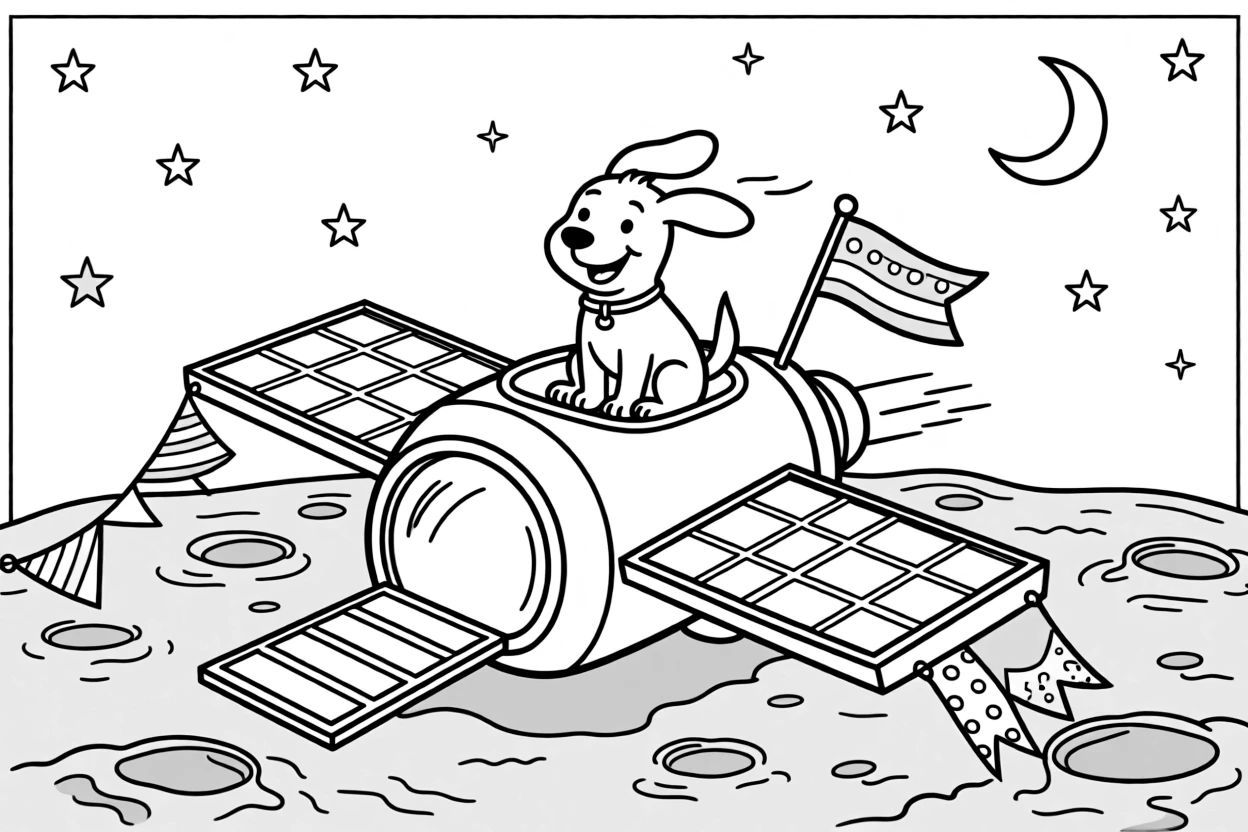 A big, friendly a docking space station module with solar panel wings rolls through the dusty gray surface of the moon under a starry sky, with a friendly dog with its ears flapping in the wind enjoying the ride and colorful flags fluttering from every corner adding a playful touch.
