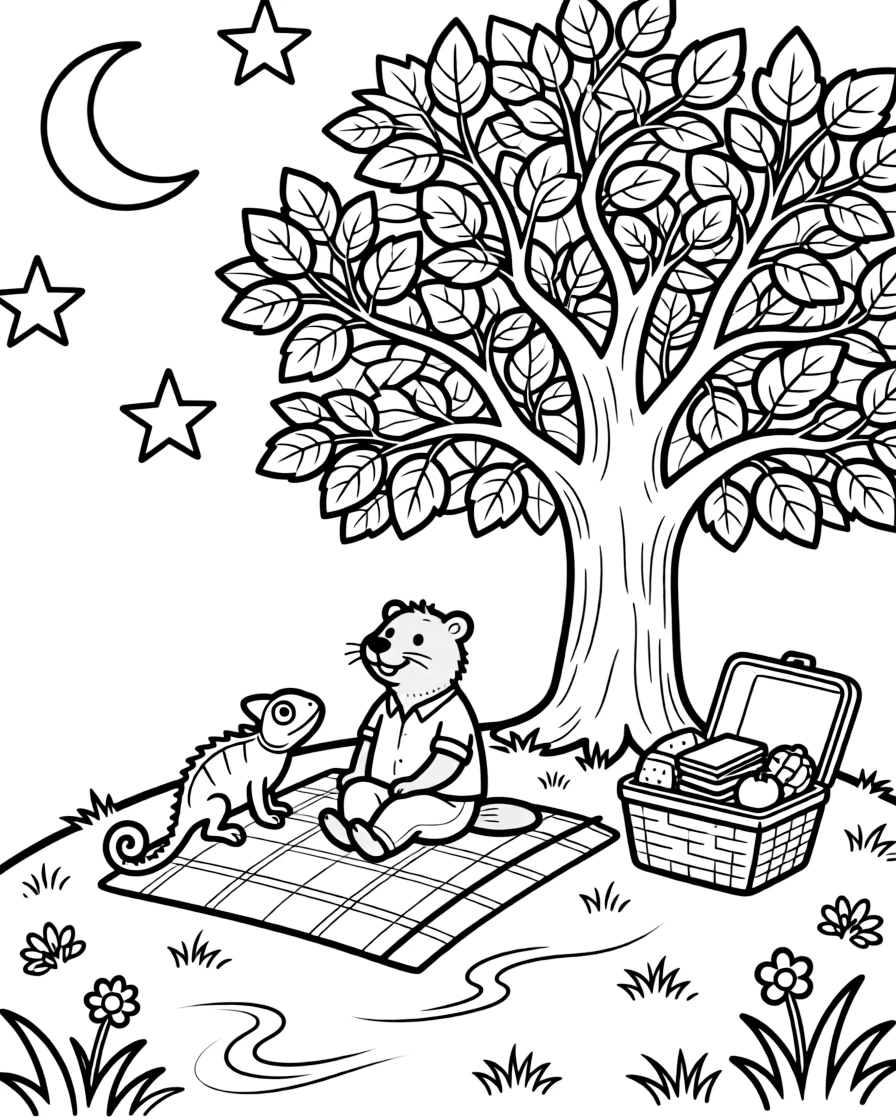 A beaver stargazing on a blanket with a chameleon at the top of a windy hill, near a towering oak tree, with a picnic basket full of treats nearby.