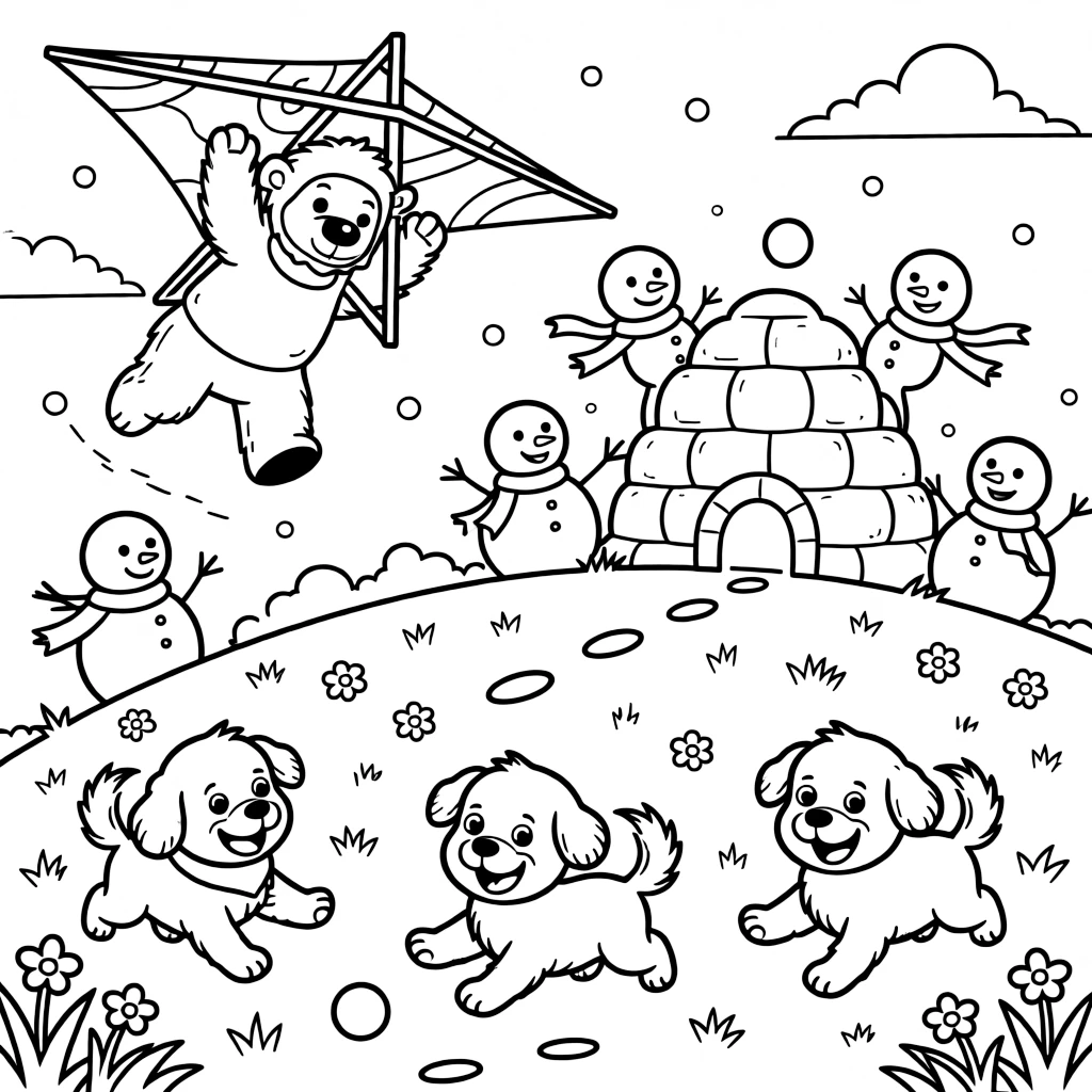 A bright-eyed baby yeti is flying a homemade glider off a grassy hill at a snow fort during a gentle snowball fight, joined by a group of snowmen wearing matching scarves and three bouncing puppies chasing their tails. The whole crew is grinning from ear to ear.