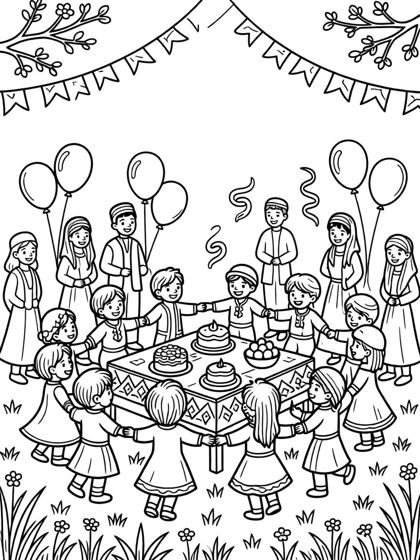 A coloring page bursting with festival energy from Uzbekistan, depicting the Navruz spring festival with children dancing around a decorated table, with balloons, streamers, and happy onlookers filling the scene.