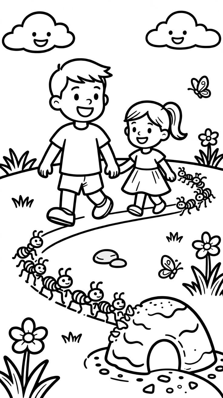 a cheerful older brother and his little sister follows a line of busy ants carrying crumbs into their sandy anthill.