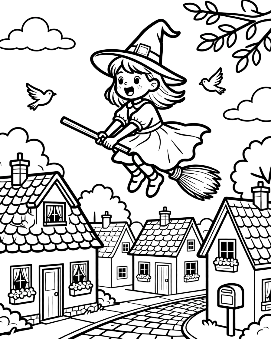 A young witch's broom refuses to fly straight, bouncing her comically across the rooftops of a cheerful village.