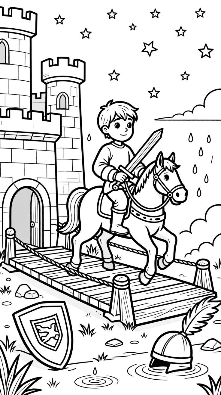 [Knights] a young squire training with a wooden sword riding across a drawbridge outside a tall stone castle, wide-eyed with wonder. Nearby, a shield with a bold emblem rests nearby. A plumed helmet gleams in the sunlight. The scene is captured under a starry night sky, with a light drizzle just ending, giving the page a lively and adventurous feel that invites plenty of colorful detail.