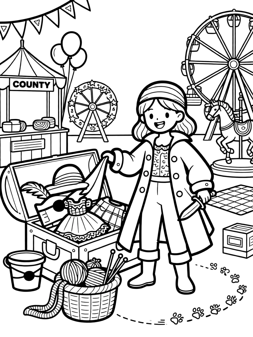 A girl pirate captain with a striped bandana is trying on a trunk full of dress-up costumes at a county fair with games and rides. Nearby, a basket of yarn and knitting needles nearby and a trail of tiny paw prints leading away give the moment a cozy feel.
