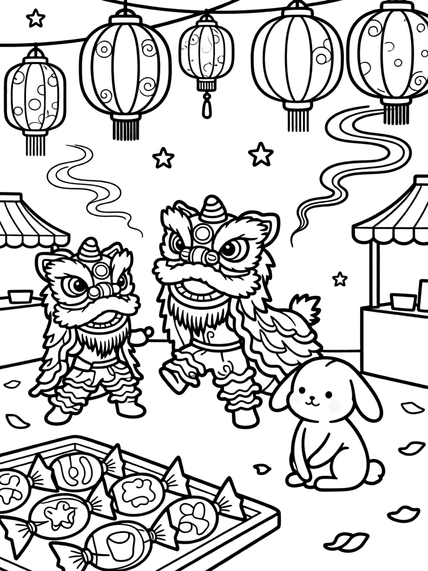 A pair of paper lion dancers at an open-air night market lit with glowing lanterns, alongside a floppy-eared bunny and incense curling into the air, with a tray of sweets wrapped in colorful paper close by.
