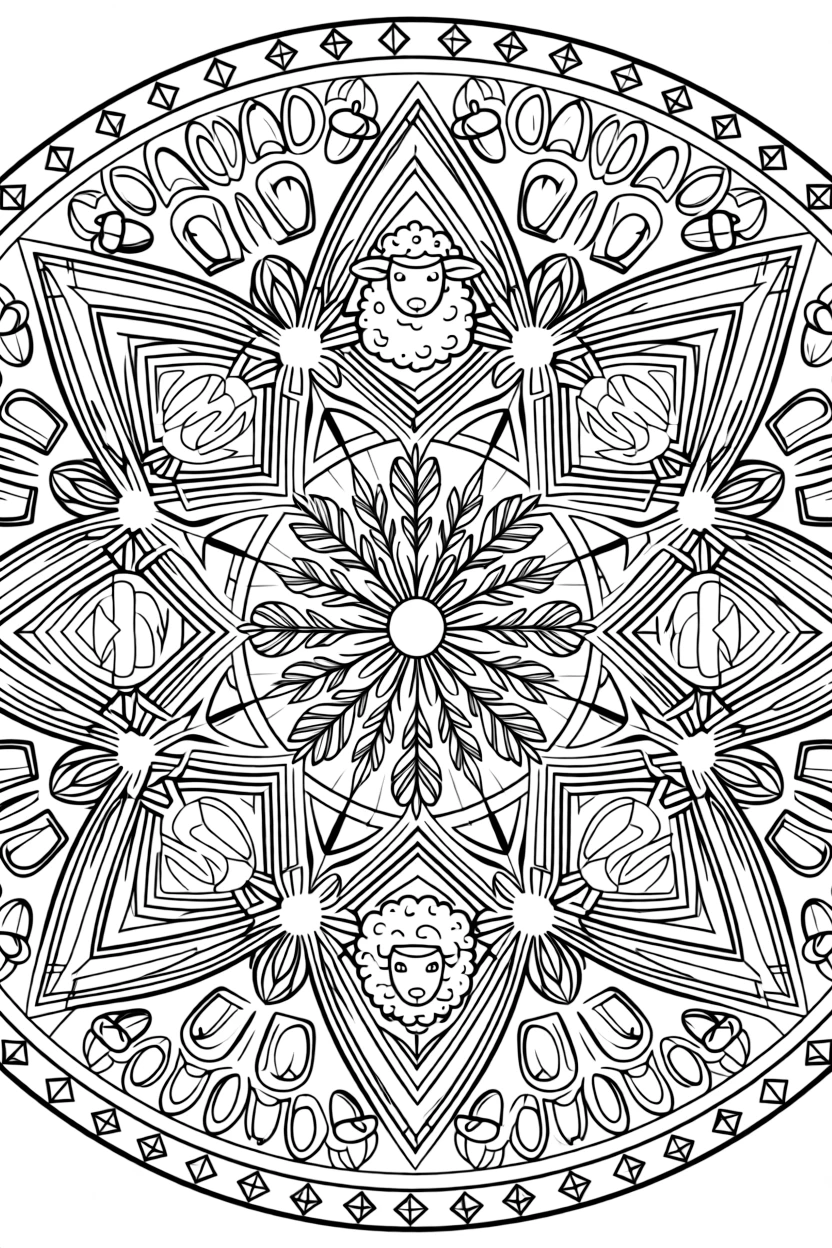 Farm Animals: The design turns a fluffy sheep with a tightly curled wool coat into a kaleidoscope-style composition anchored by a feather-ring mandala with plumes fanning outward. The imagery is reflected six times around a central point, so each wedge of the page mirrors the one beside it. Decorative details fill the surrounding space, including clusters of tiny acorns, rows of teardrop-shaped petals, and angular crystal facets woven throughout the background. A playful extra touch completes the page: a few sparkling gem shapes dotted along the outer border.