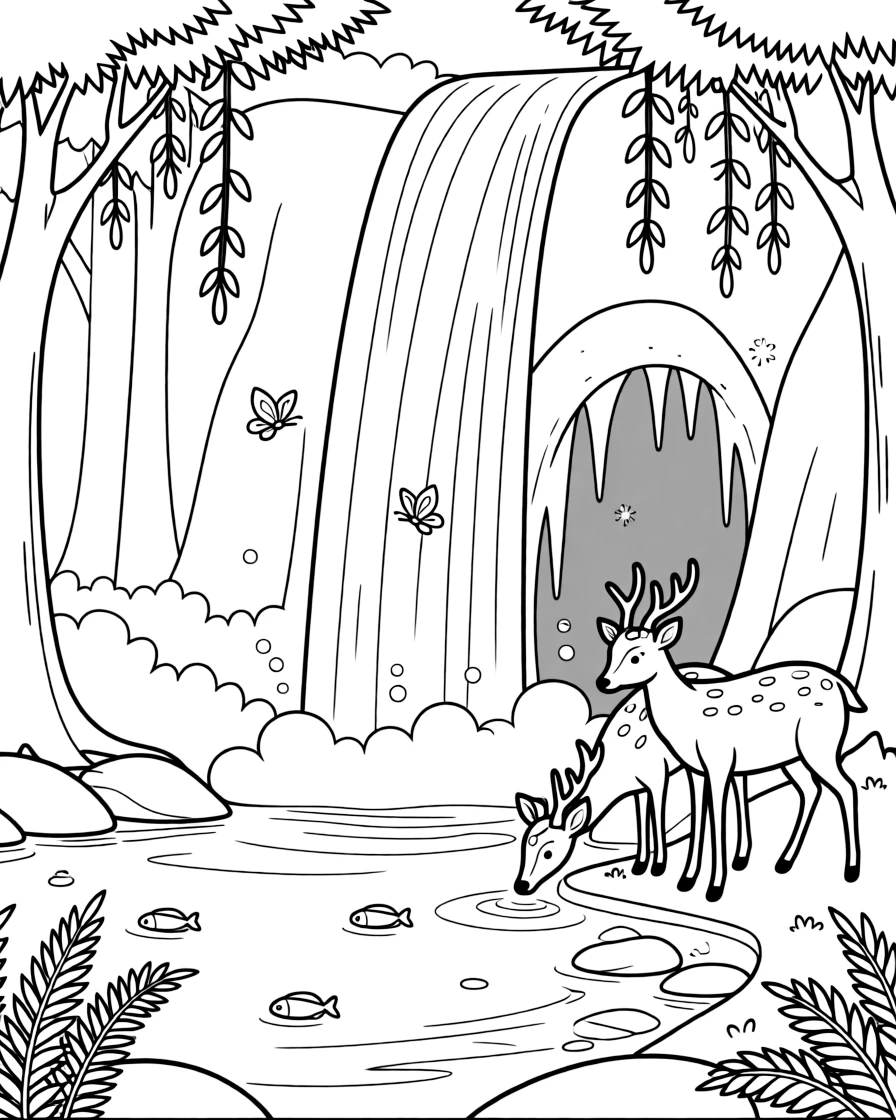 [Waterfalls] A family of deer drinks from the misty pool at the base of a tall forest waterfall. Butterflies drift through the mist while fish dart through the clear pool below the falls. A hidden cave sits behind the curtain of falling water, its entrance framed by hanging vines. Late afternoon sun filters through the leaves, glinting off every droplet of spray.