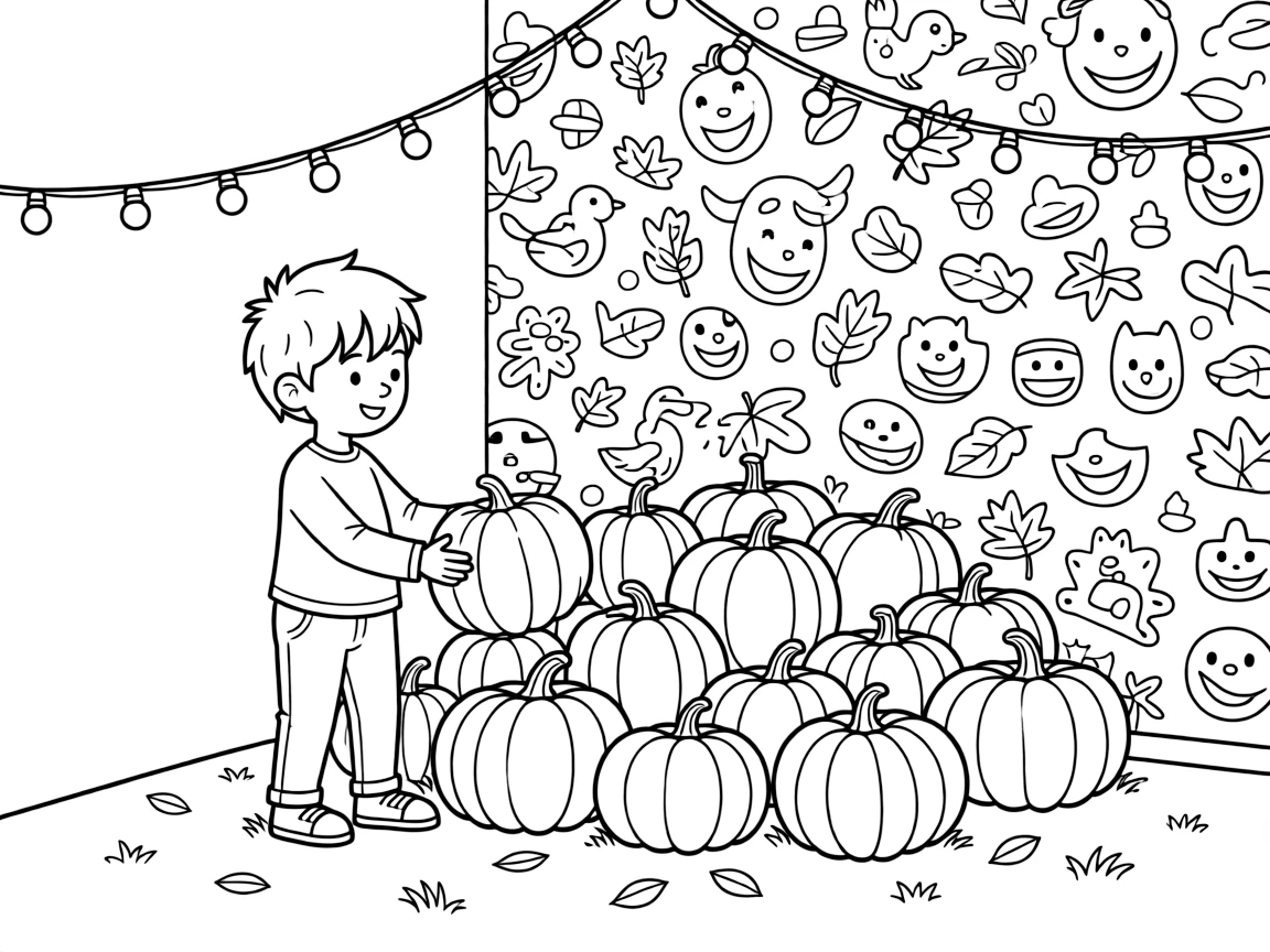 A little brother picking out a pumpkin from a big pile at a community mural wall with string lights twinkling overhead.