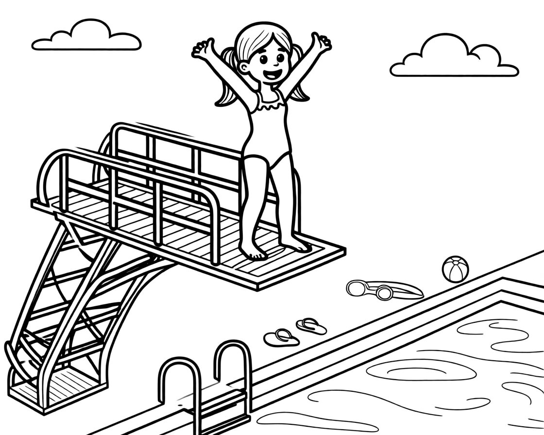 A determined girl with pigtails, standing at the edge of a high dive platform, arms raised before the jump.