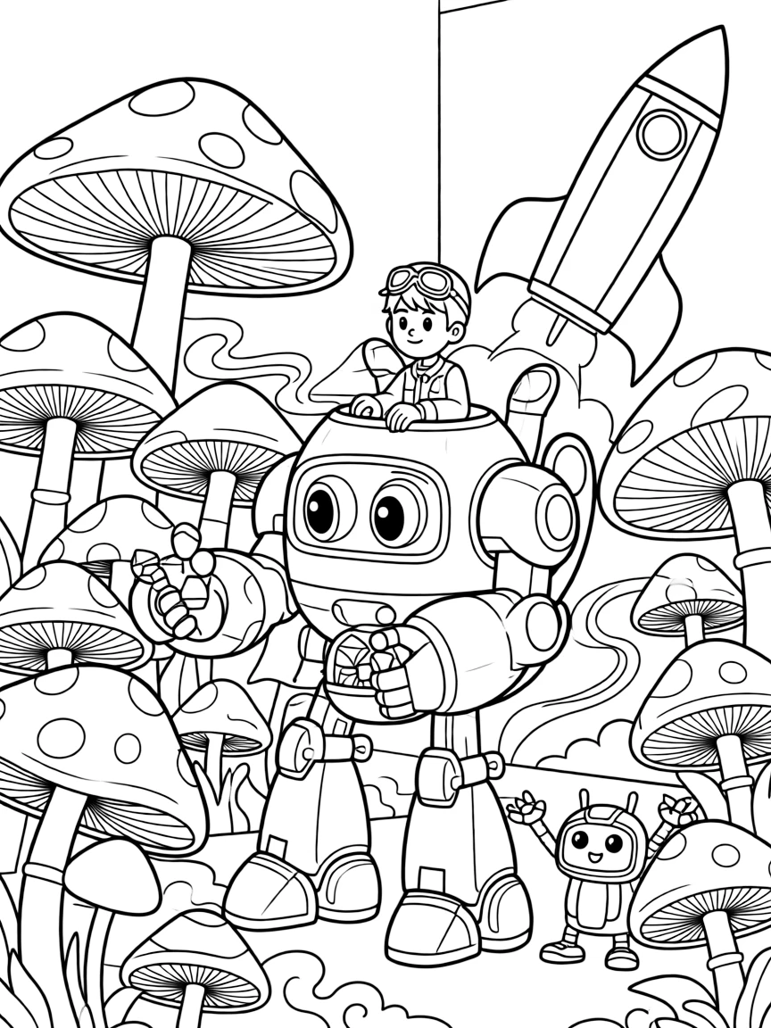 Young pilot Titan riding inside the friendly giant mech Guardian Prime sorting colorful gems mined from an asteroid belt in a jungle of giant glowing mushrooms on a misty alien world, as a mural of a rocket ship painted on a nearby wall and a small robot sidekick cheering fill the scene.