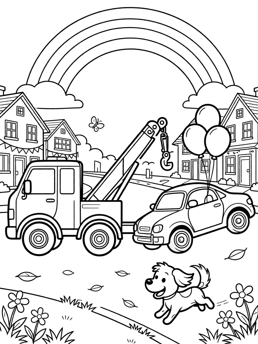 This page centers on a tow truck lifting a stranded car with a hook exploring a neighborhood street decorated for a holiday parade, featuring an excited puppy chasing along the road and little extras like balloons tied to the rearview mirror and a rainbow arching across the sky.