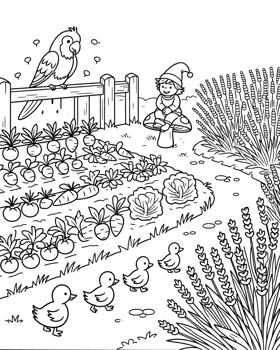 A parrot in a backyard vegetable garden, watching fireflies light up with a mushroom-riding gnome pet, next to a lavender field, with a family of ducklings following behind.