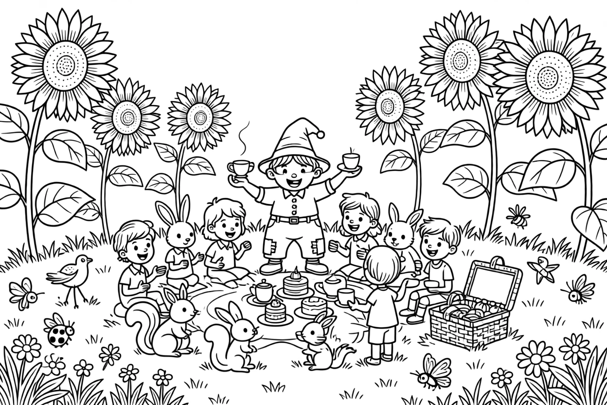In a meadow bursting with giant sunflowers, a wobbly harvest gnome discovers the joy of hosting a tea party for a dozen new friends, while a picnic basket overflowing with treats watches happily nearby. Every creature nearby wants to join in the fun.