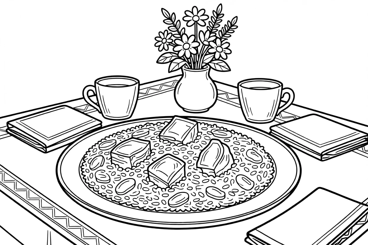 A coloring page of a cozy mealtime scene from Uzbekistan featuring a plate of plov rice with carrots and tender lamb, arranged on a table with napkins, cups, and a cheerful centerpiece.