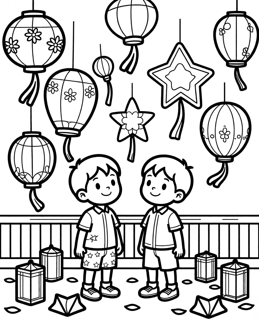 curious twin brothers watch colorful lanterns float during a nighttime cultural celebration.