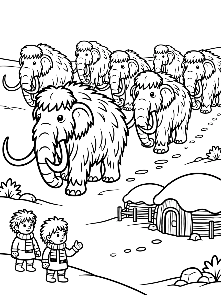 A herd of woolly mammoth-like ice beasts migrate across a snowy tundra, a small yeti village watching respectfully from a distance.